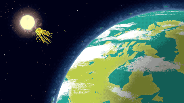A Föld felé haladó naprészecskék animált szemléltetése