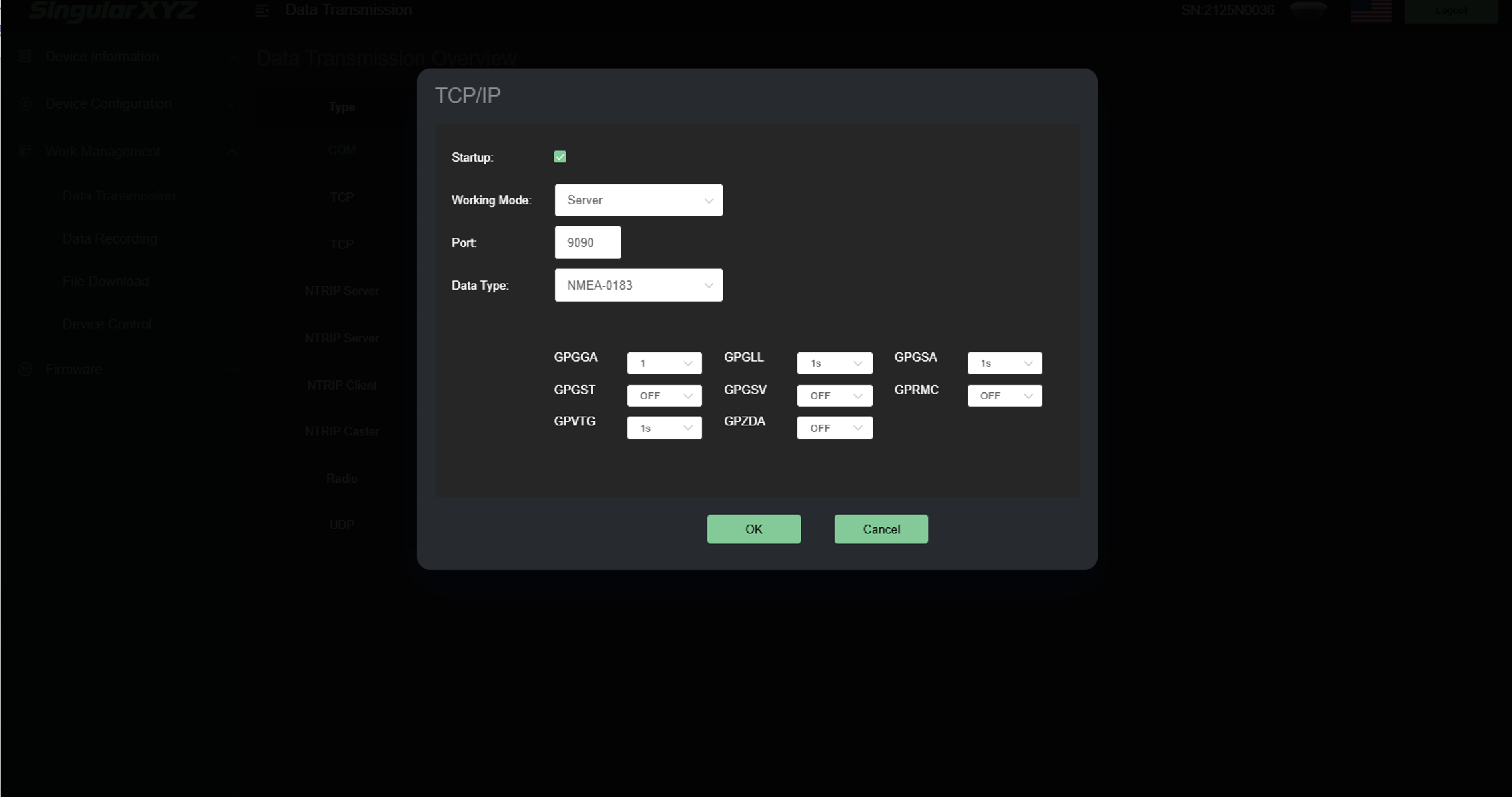 TCP server port and NMEA output message settings