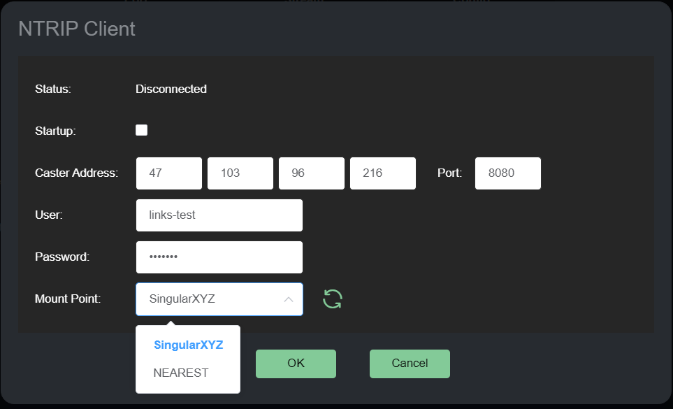 NTRIP Client hozzáférési adatok és mountpointválasztás