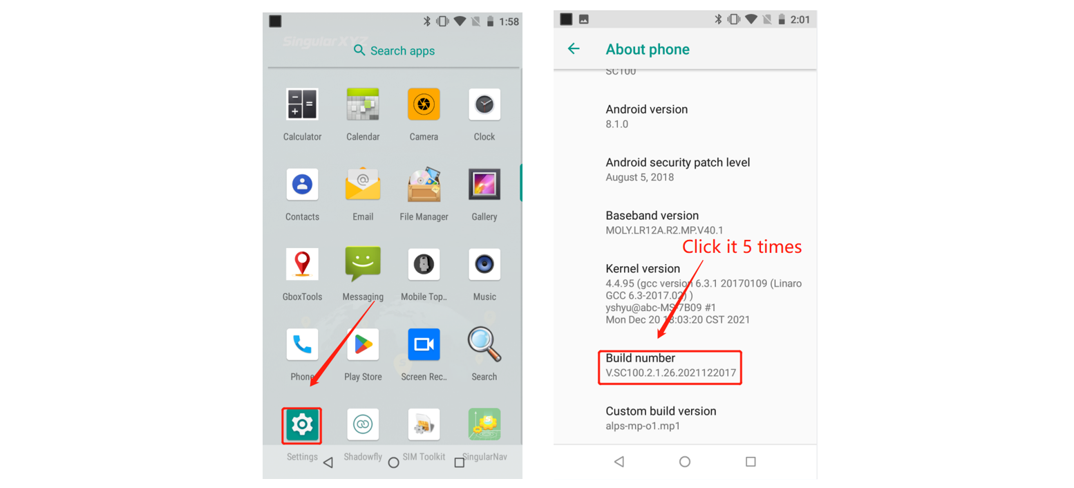 Az Android A telefonról oldala a Build number mező jelölésével