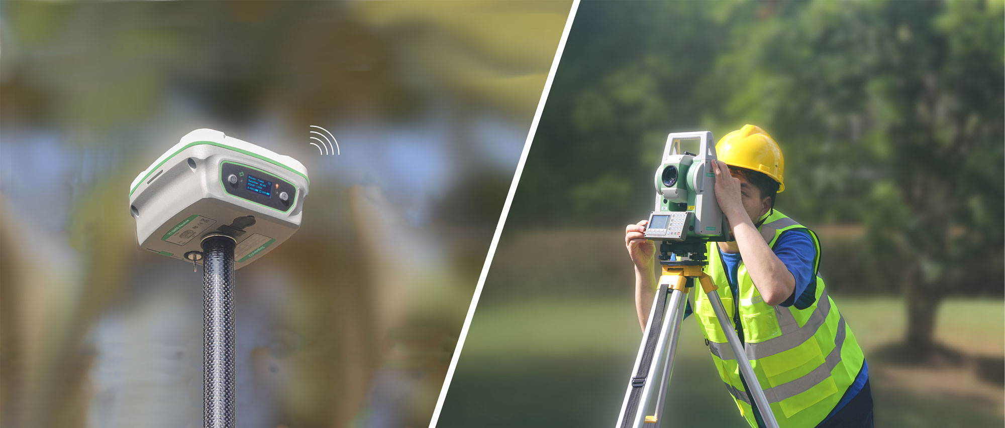 GNSS-vevő és mérőállomással dolgozó földmérő