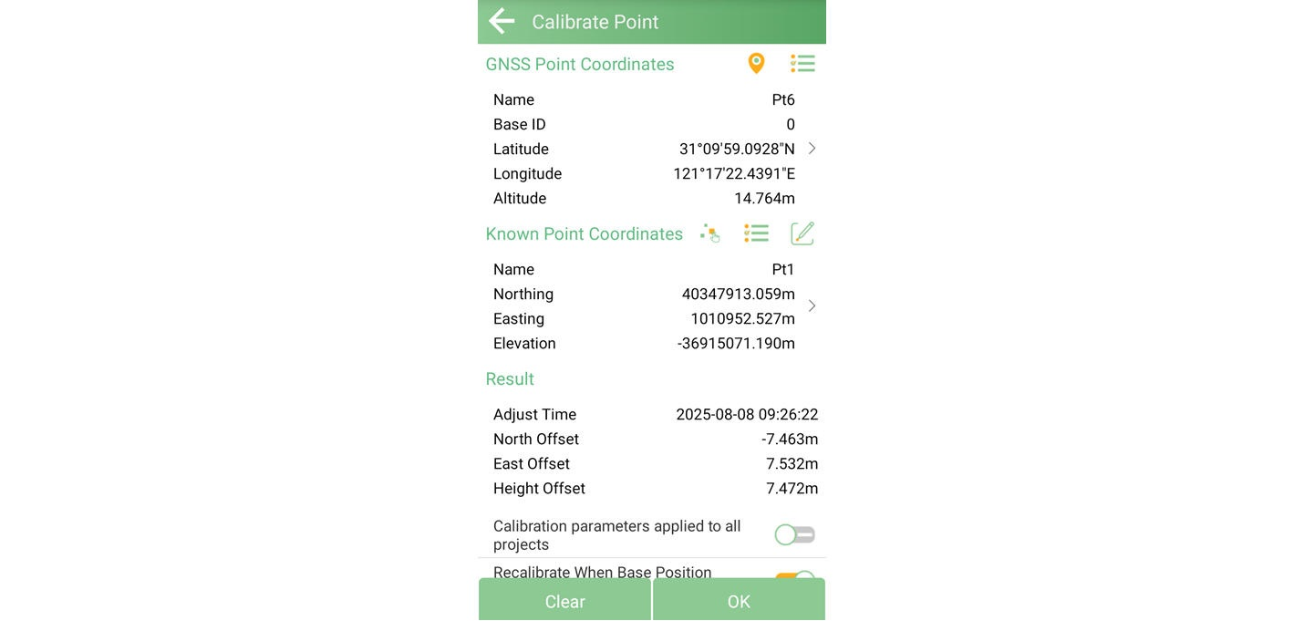 Calibrate Point panel with measured and known coordinates and offsets