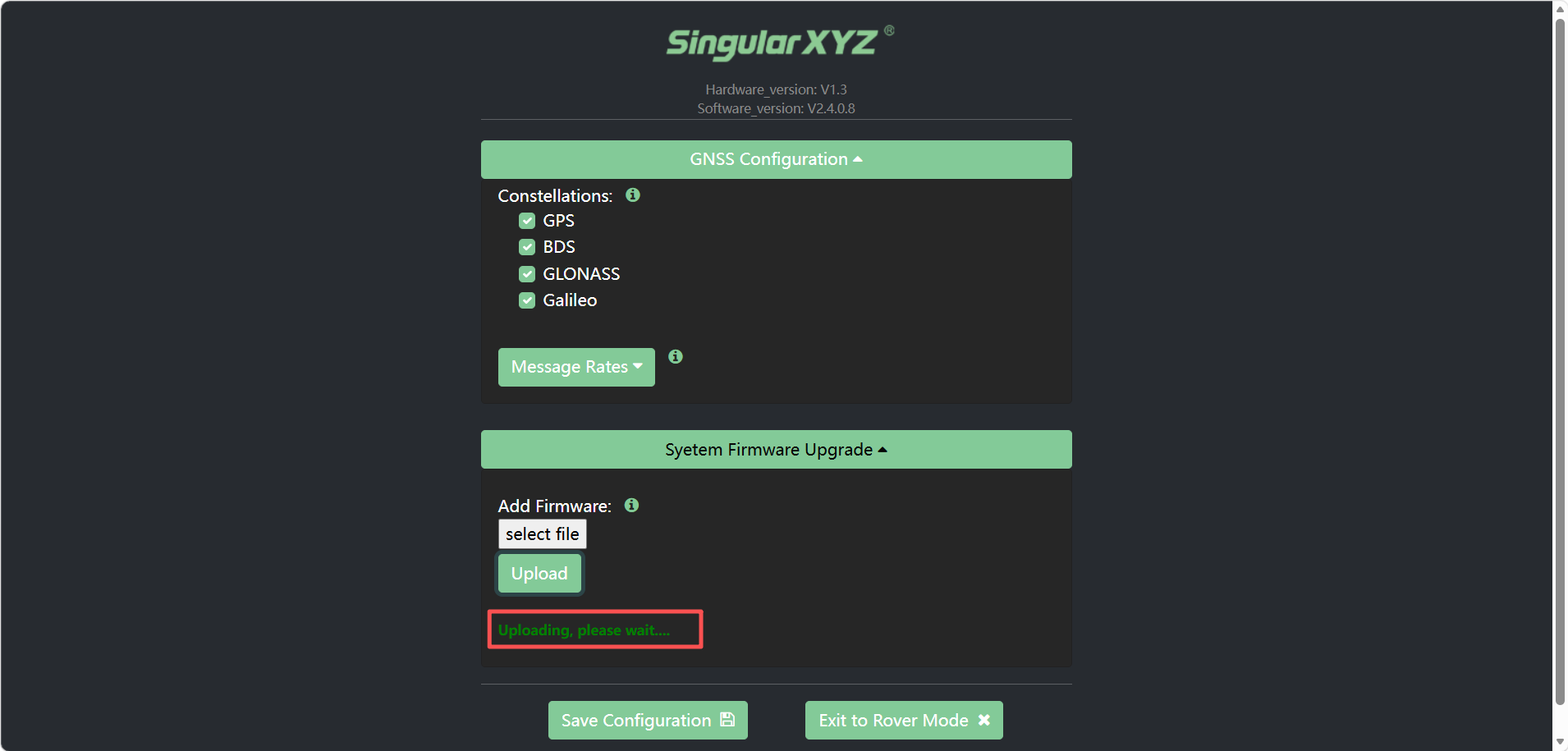 Firmware-feltöltési állapot a vevő webes felületén