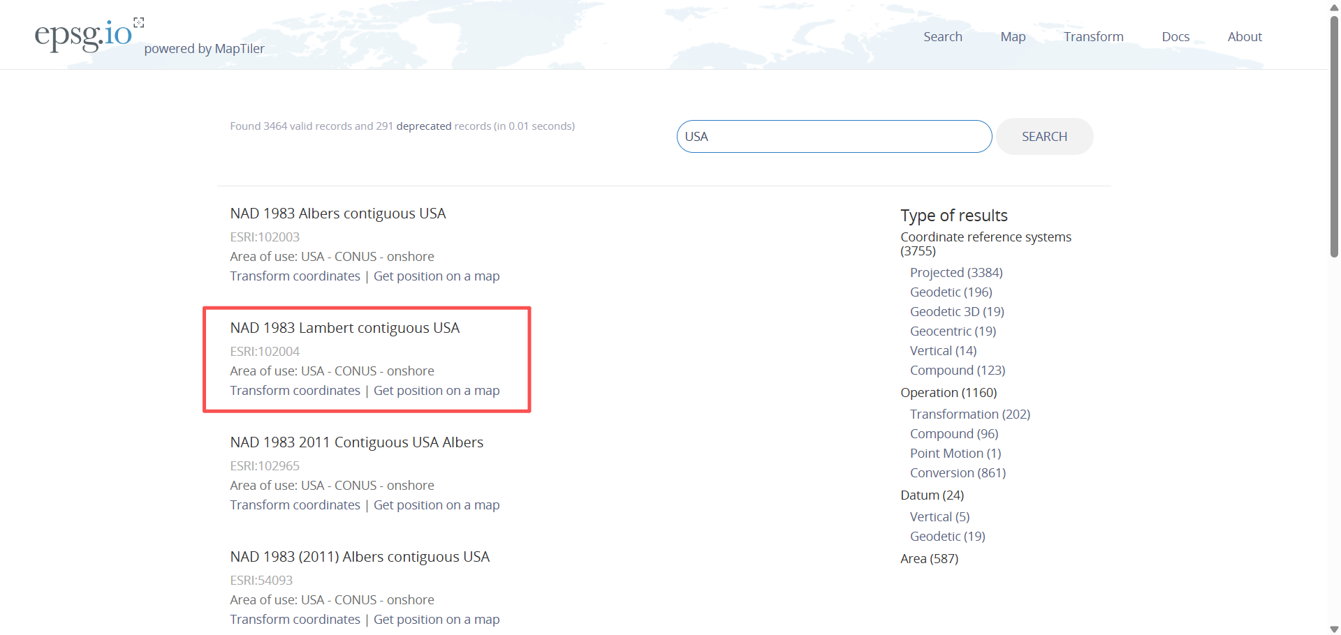 Koordináta-referenciarendszer kiválasztása az EPSG.io találataiból