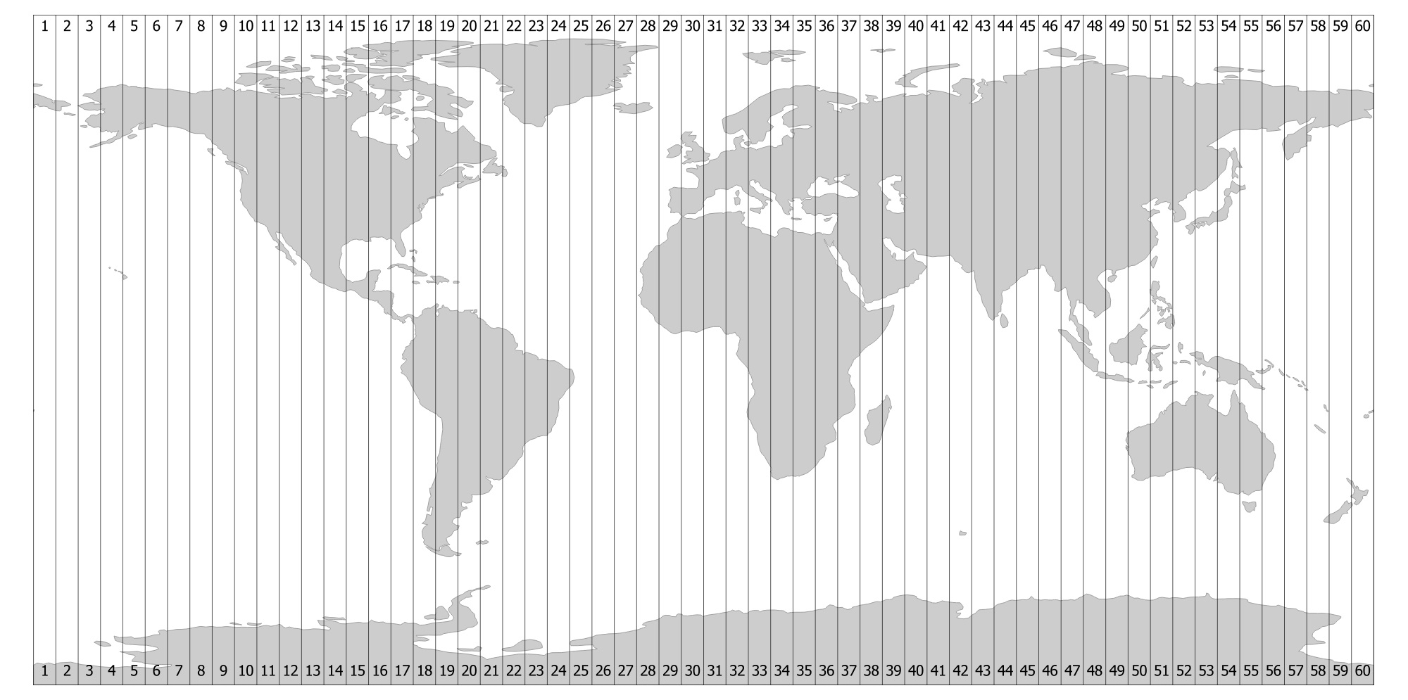 World map divided into numbered UTM zones