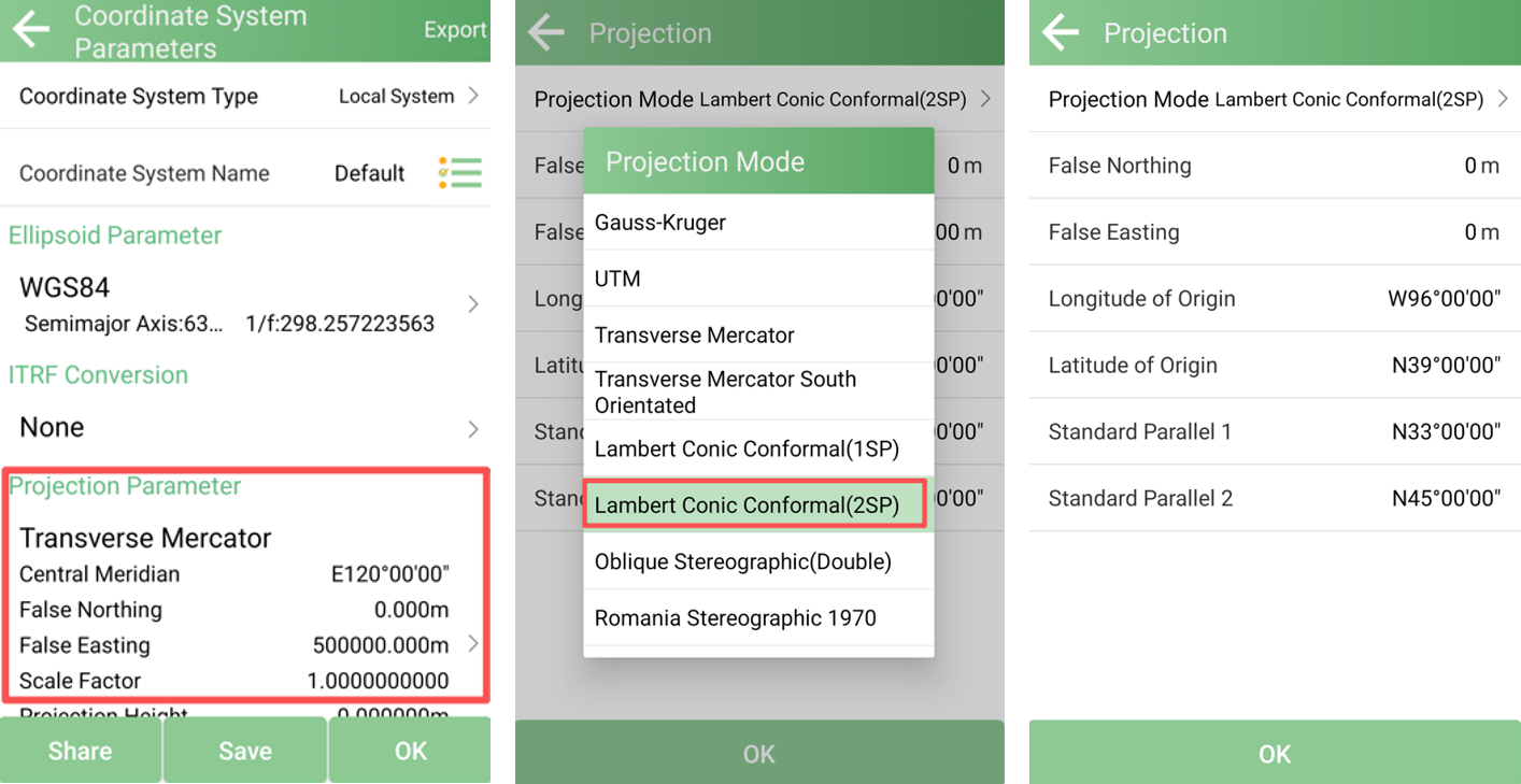 Selecting Lambert Conic Conformal 2SP and entering projection parameters
