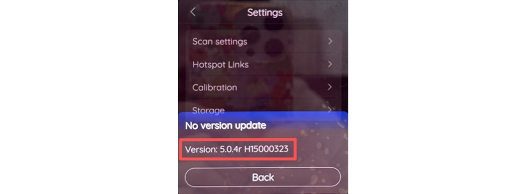 A frissített H1 firmware-verzió a Settings menüben