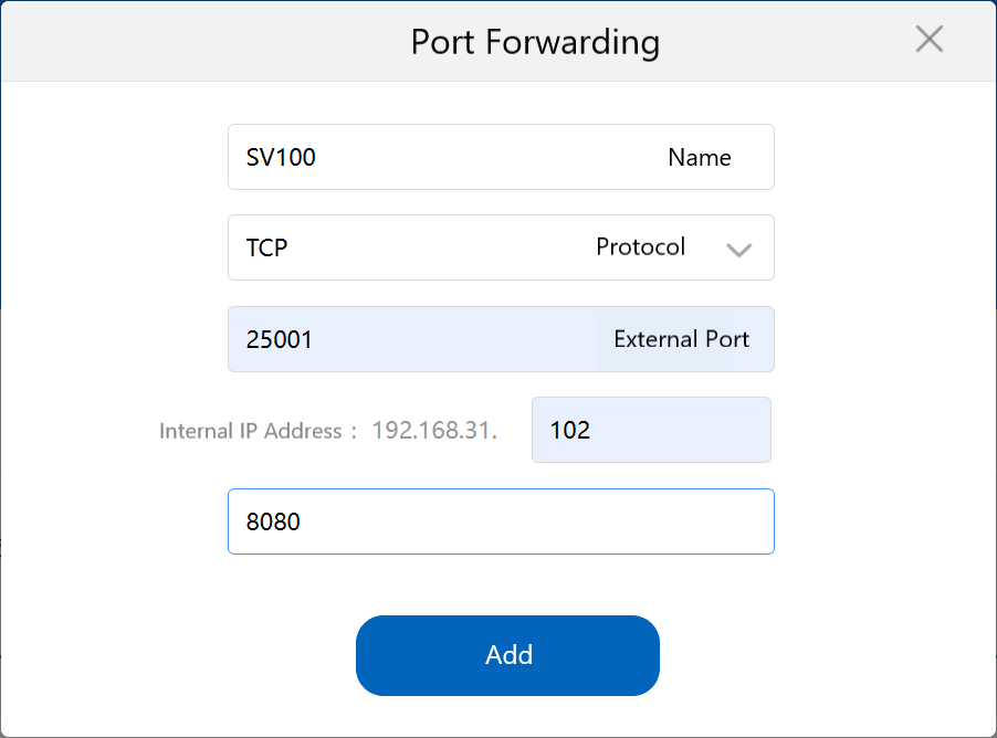 Router port-forwarding form for an SV100 receiver