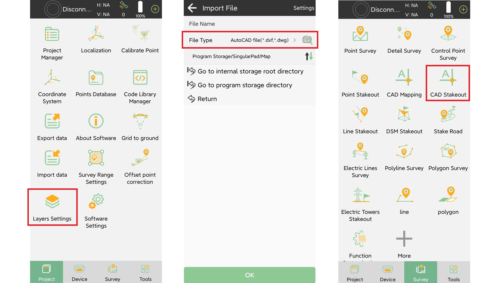 CAD-fájl importálása a Layer Settings menüben és a CAD Stakeout megnyitása