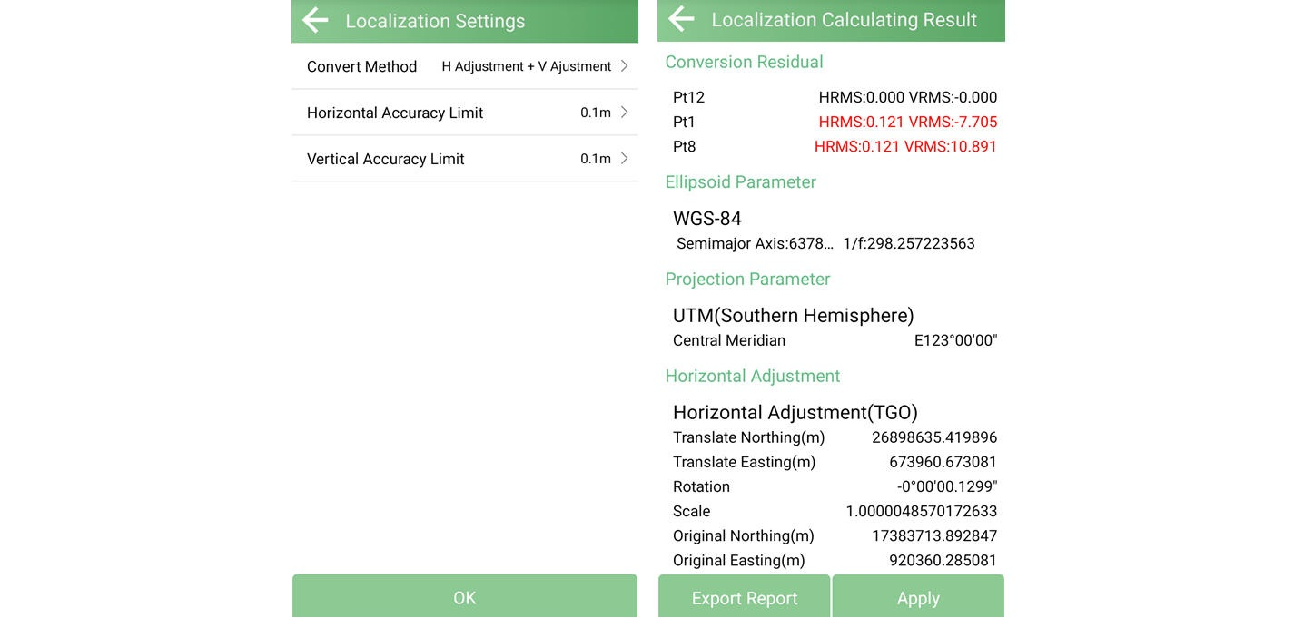 Localization accuracy settings and computed transformation results