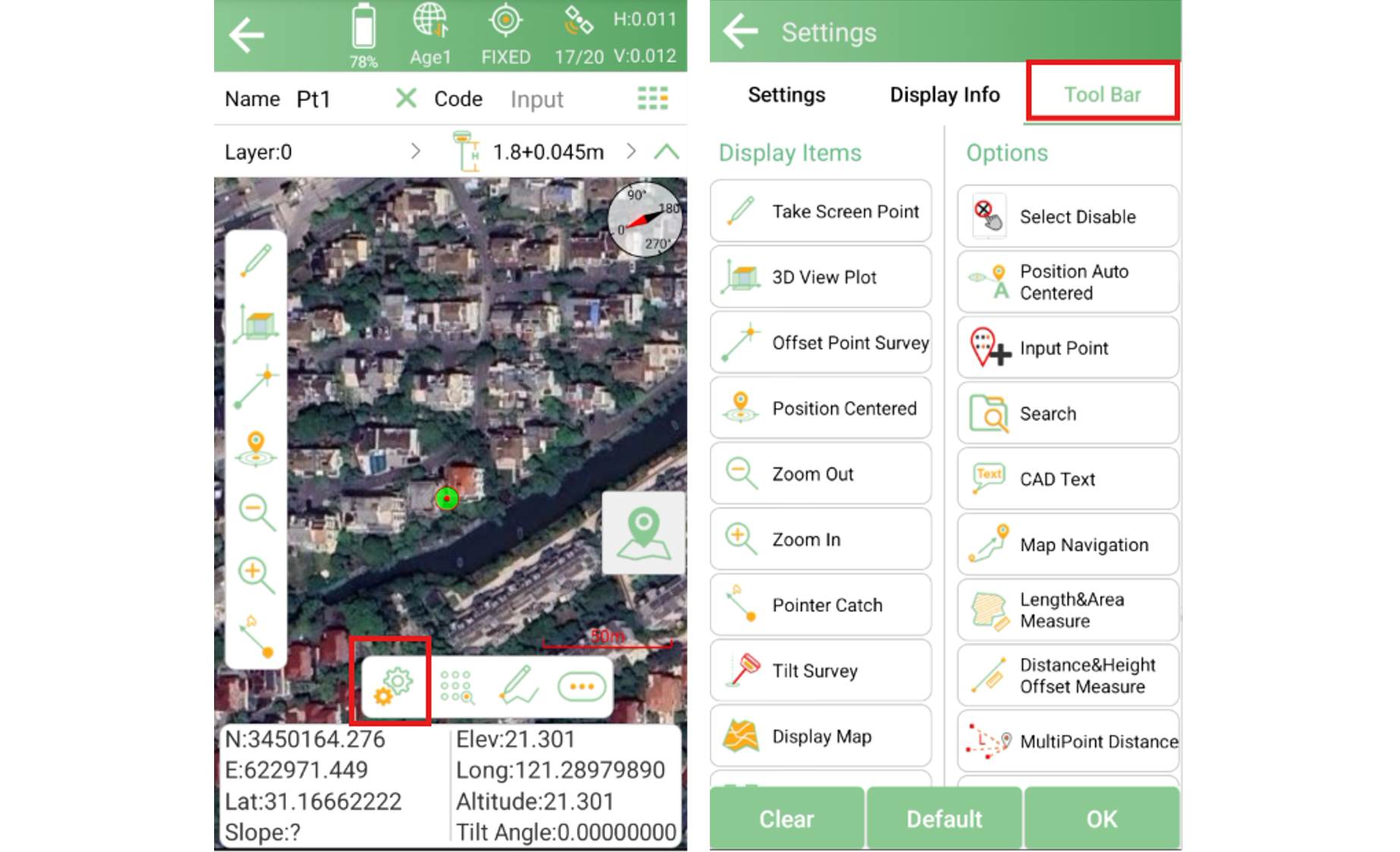 Eszköztár-beállítások megnyitása nyomvonalrögzítéshez