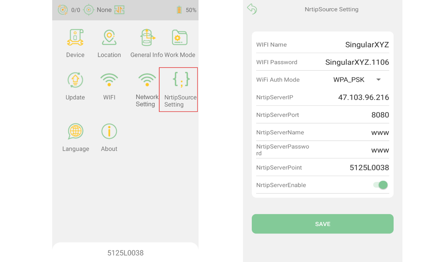 A Z1 hálózati bázis Wi-Fi- és NTRIP-forrásbeállításai