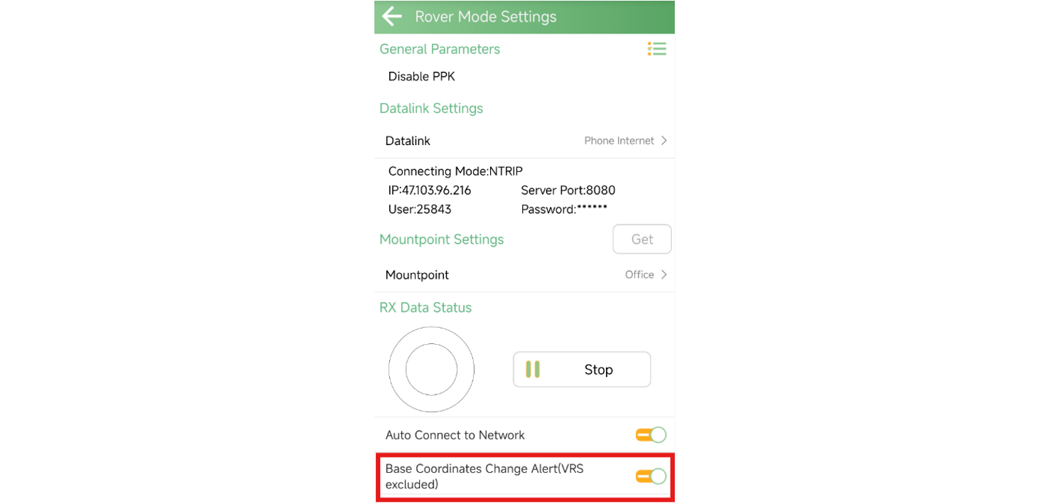Rover settings with the base-coordinate change alert highlighted