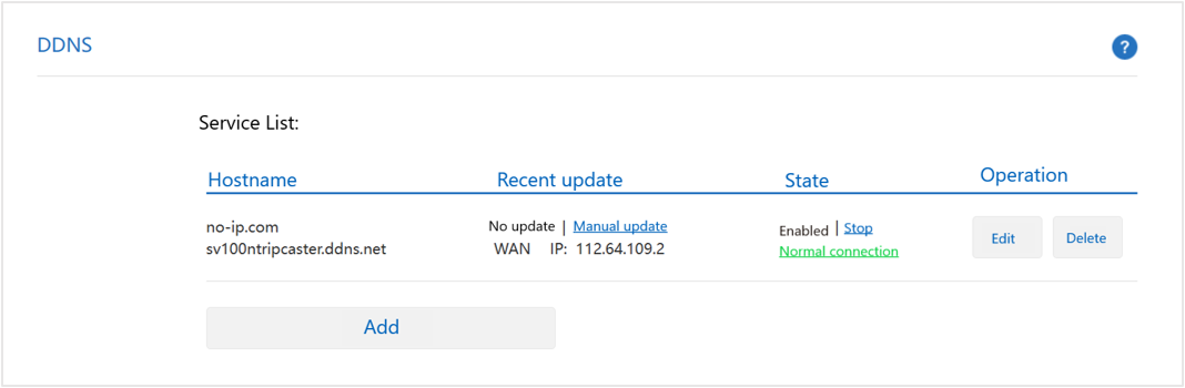 DDNS service list with hostname and connection status