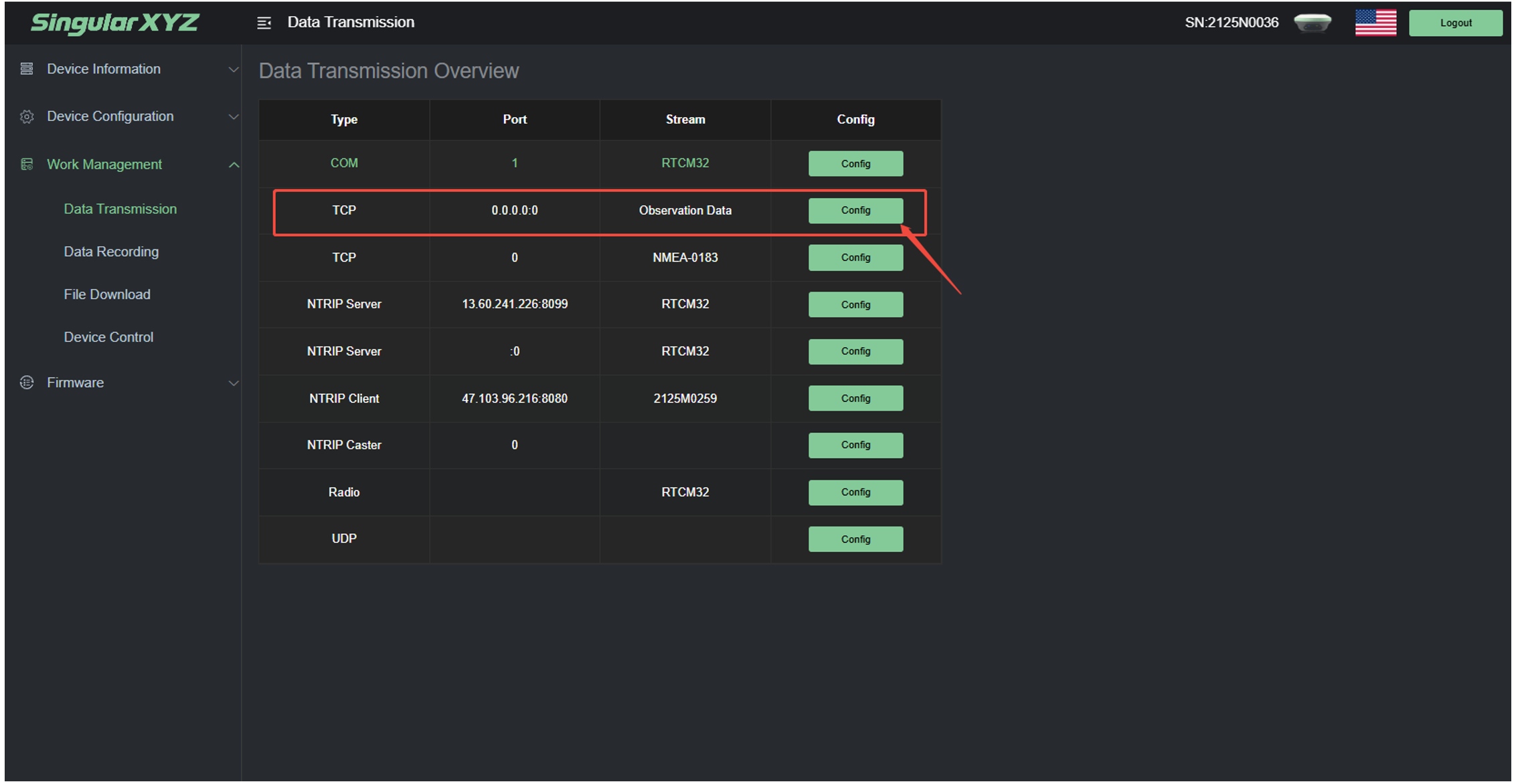 Opening TCP configuration in receiver data transmission settings