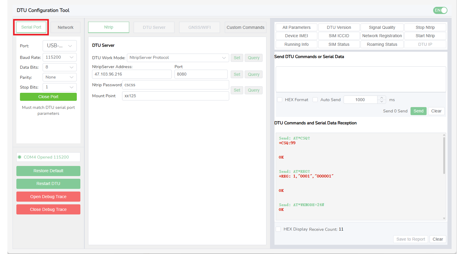 A DTU Configuration Tool sorosport-csatlakozási beállításai