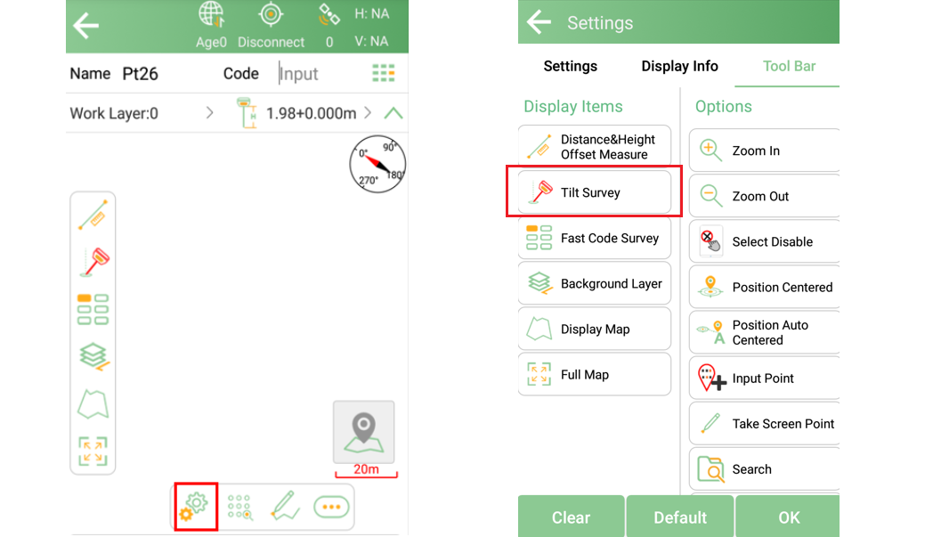 Felmérési eszköztár beállításai Tilt Survey és Fast Code Survey lehetőséggel