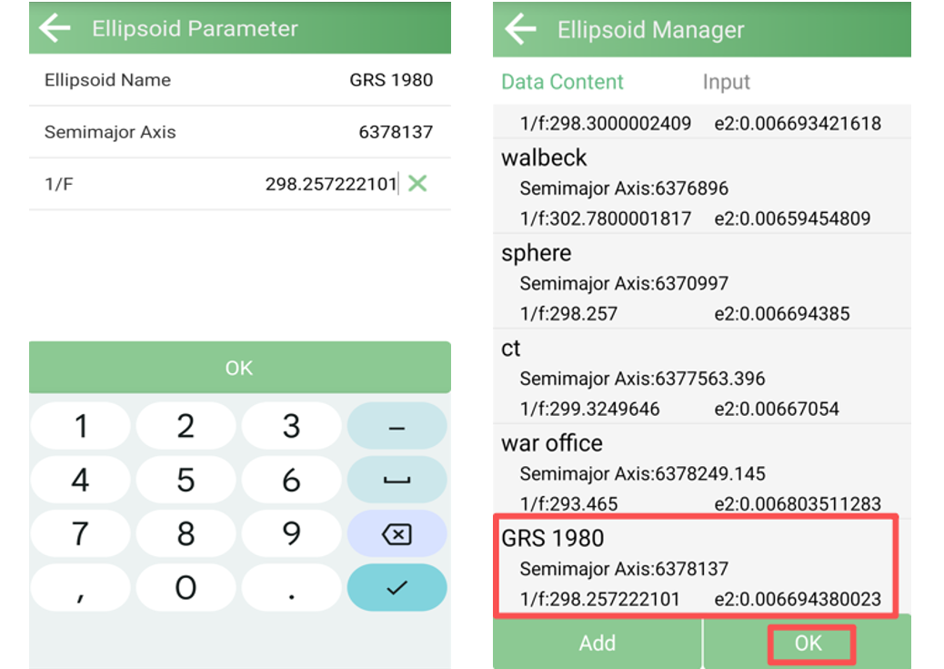 Entering and selecting the GRS 1980 ellipsoid parameters
