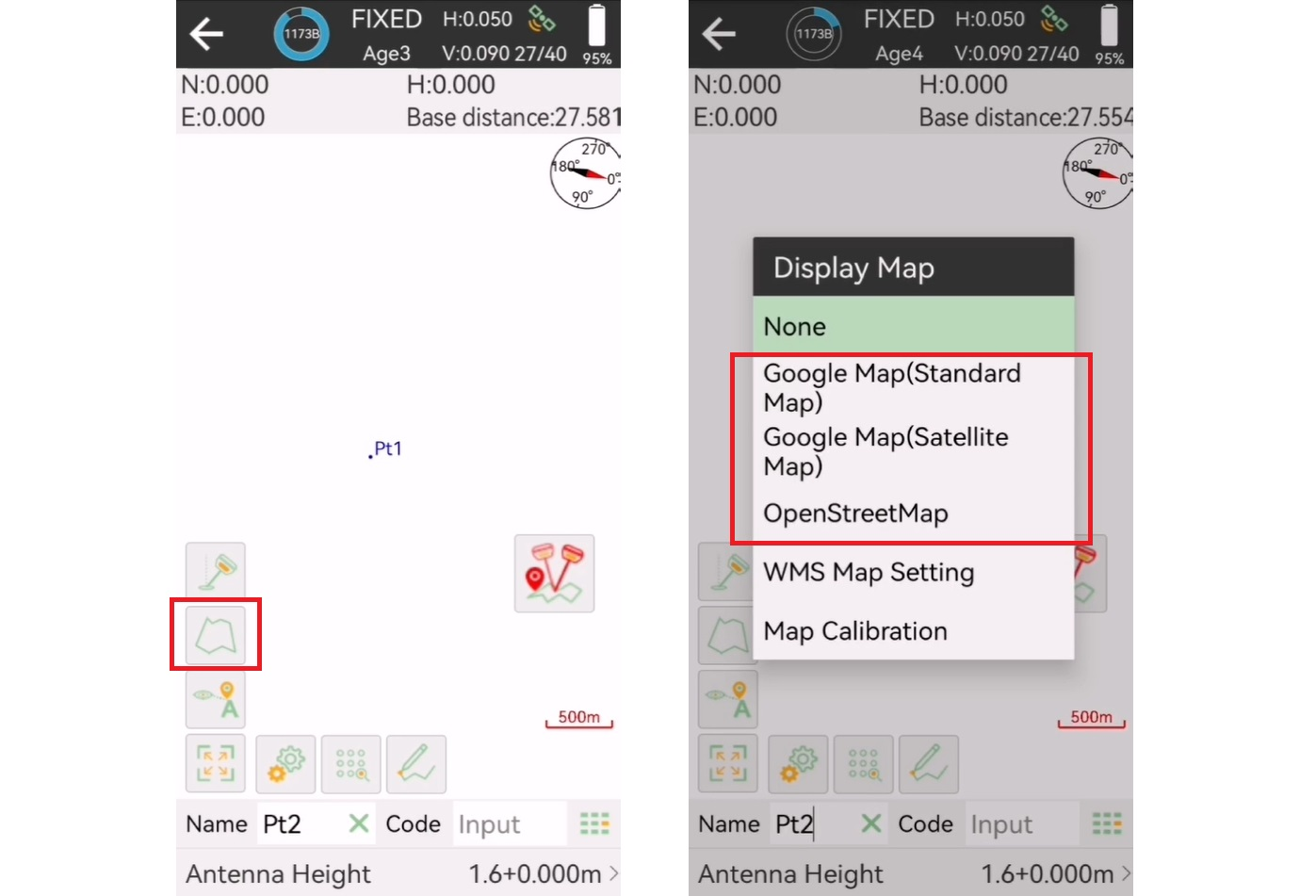 Google normál térkép, műholdkép vagy OpenStreetMap háttértérkép kiválasztása