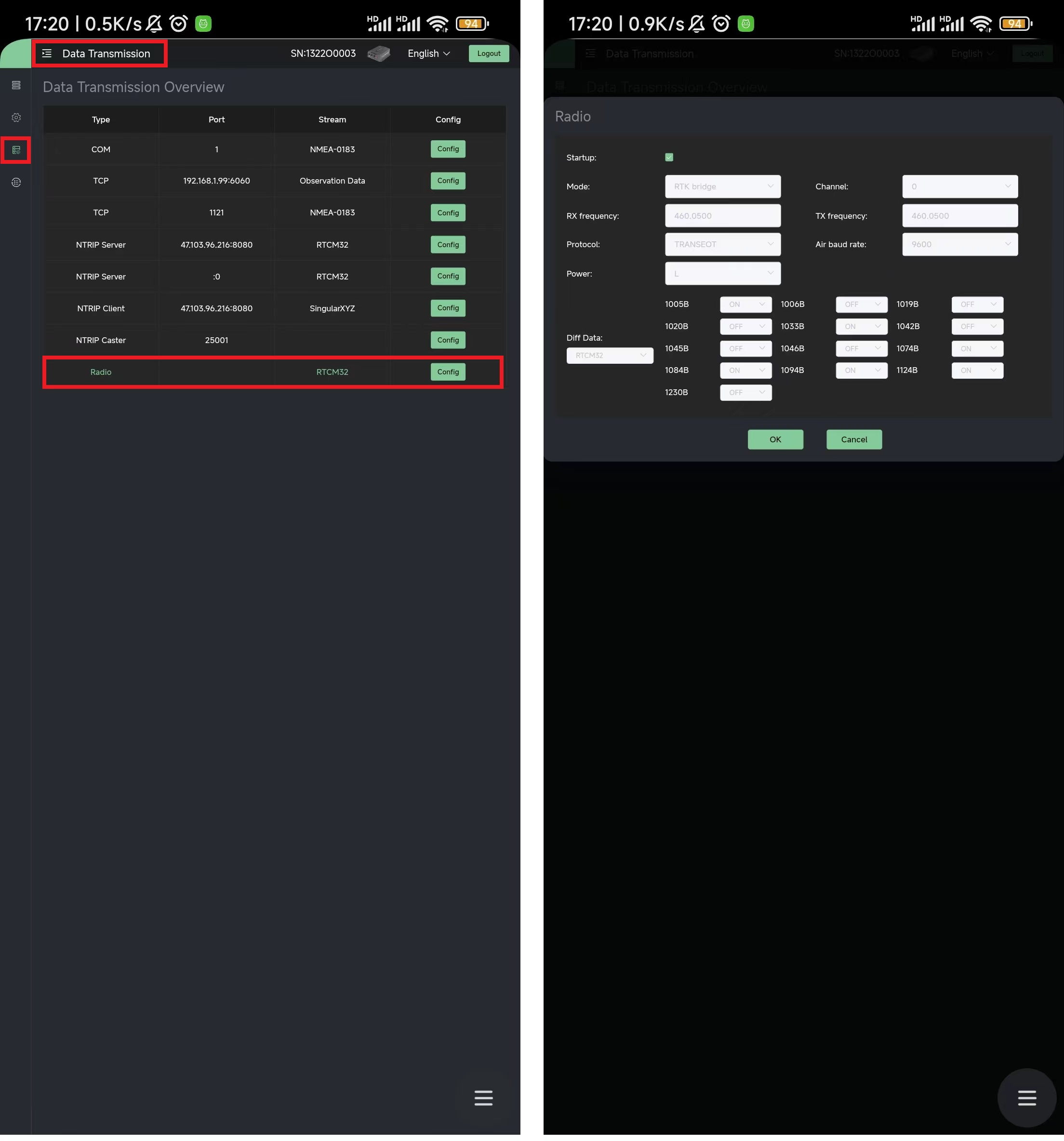SV100 radio channel and transmission settings