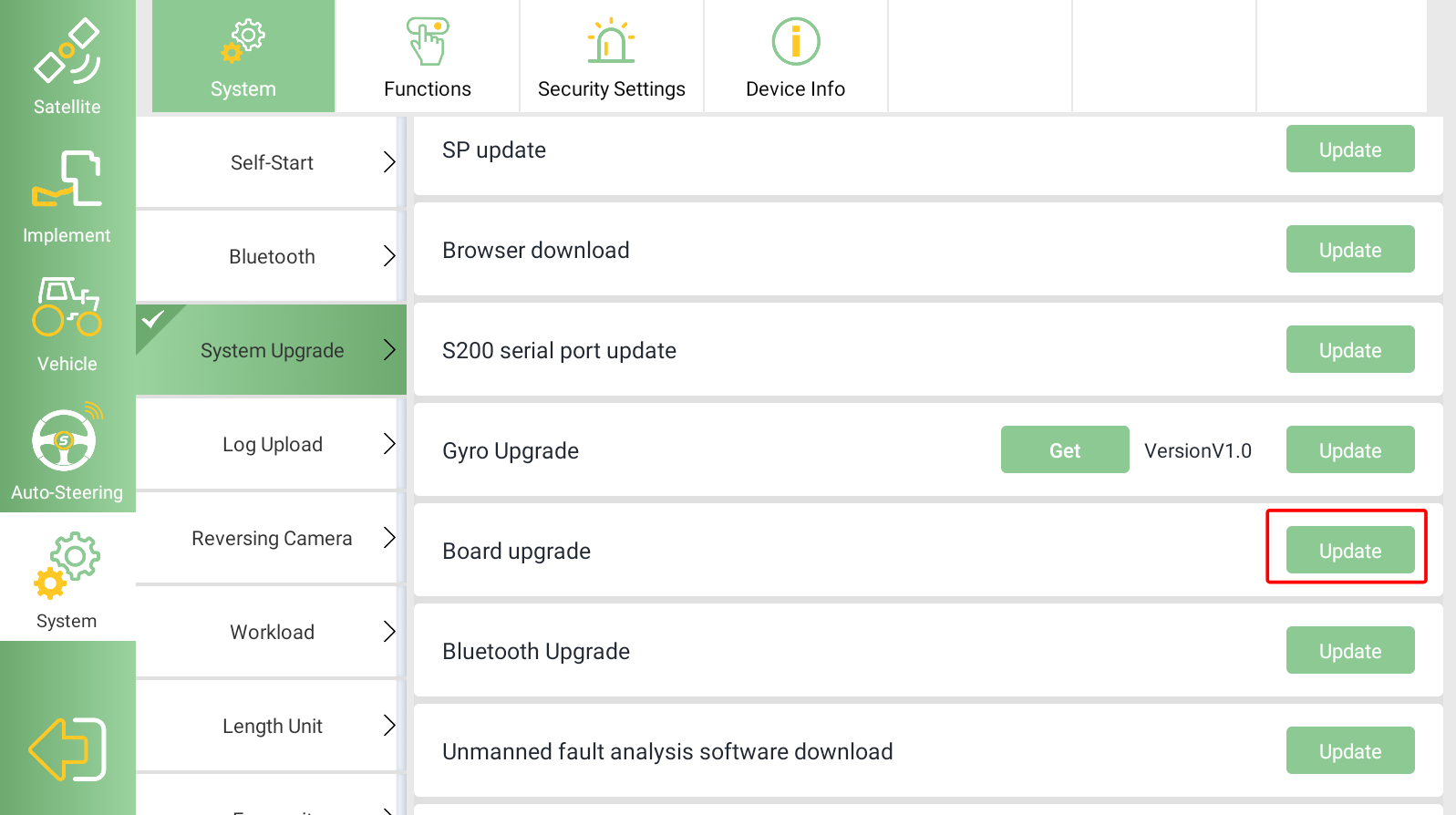 GNSS-panel frissítésének kiválasztása a System Upgrade menüben