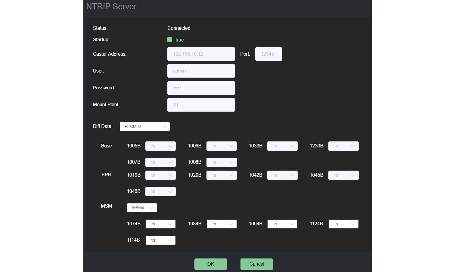 A vevő NTRIP Server beállításai és RTCM-üzenetidőközei