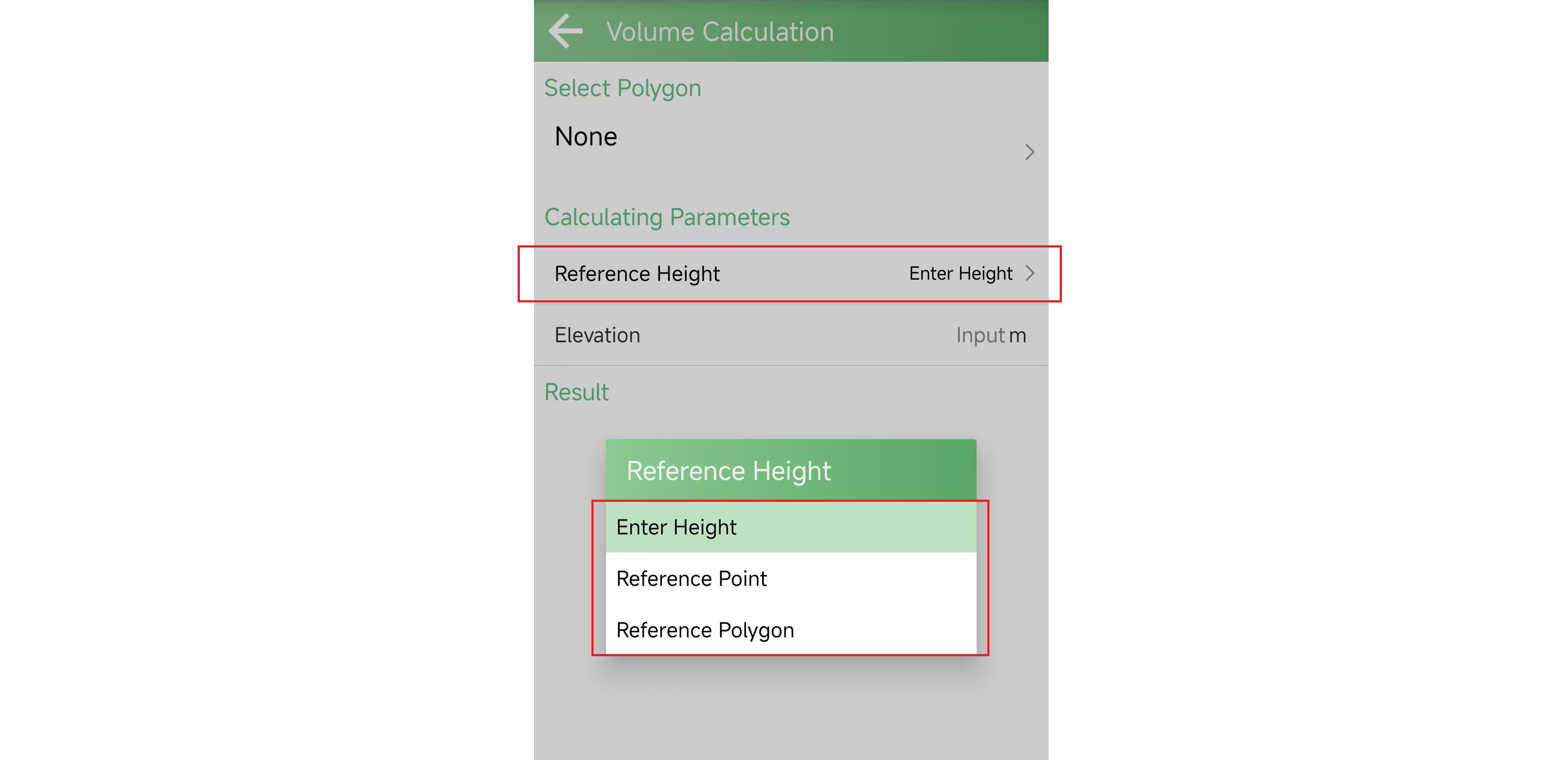 Reference height, point and polygon options for volume calculation