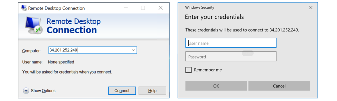 Távoli szervercím és Windows-bejelentkezési adatok megadása