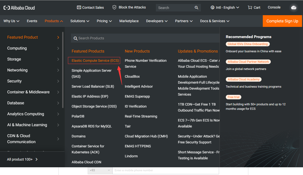 Alibaba Cloud termékmenü az Elastic Compute Service jelölésével