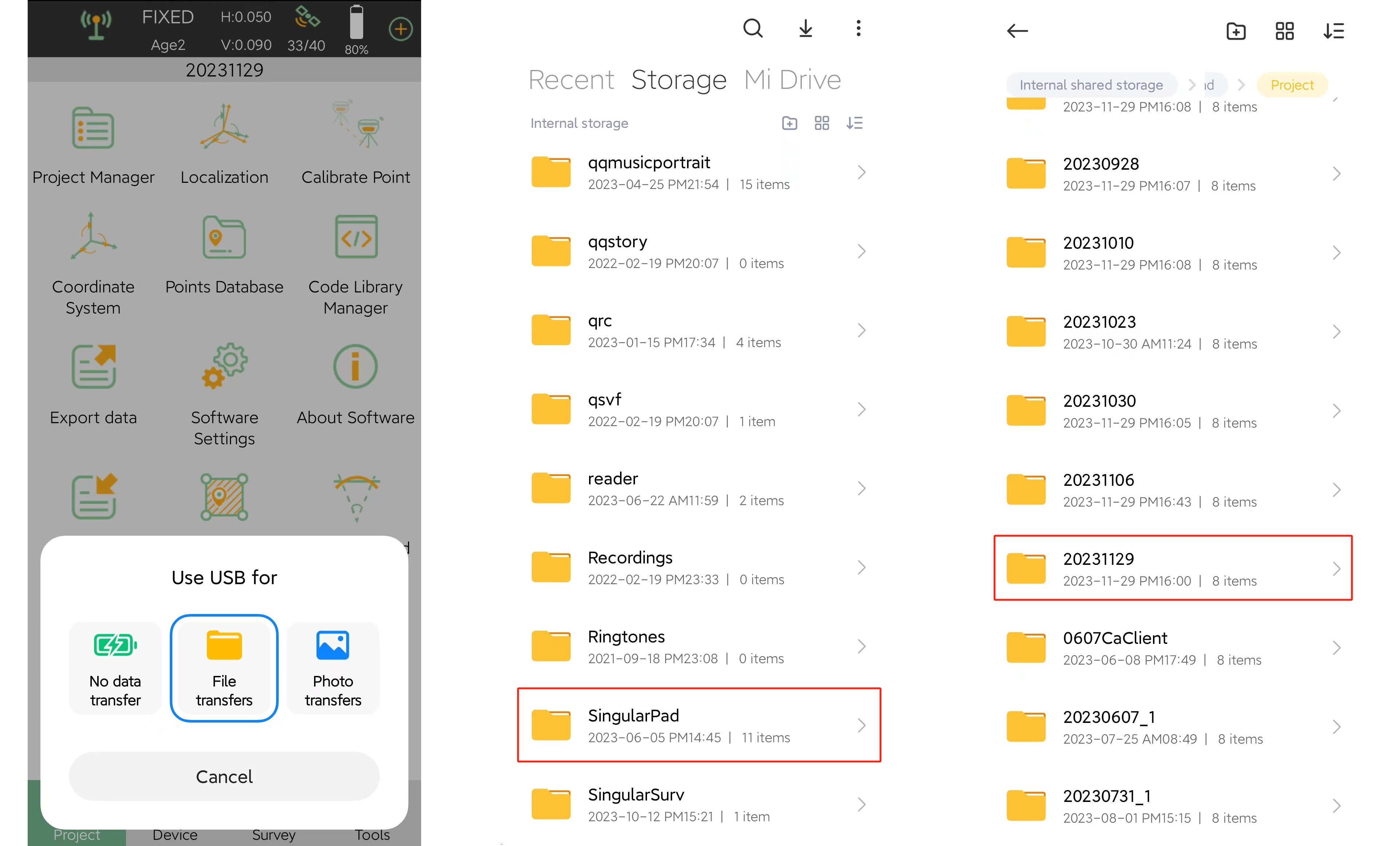 USB-fájlátvitel és a SingularPad projektmappája a vezérlőn