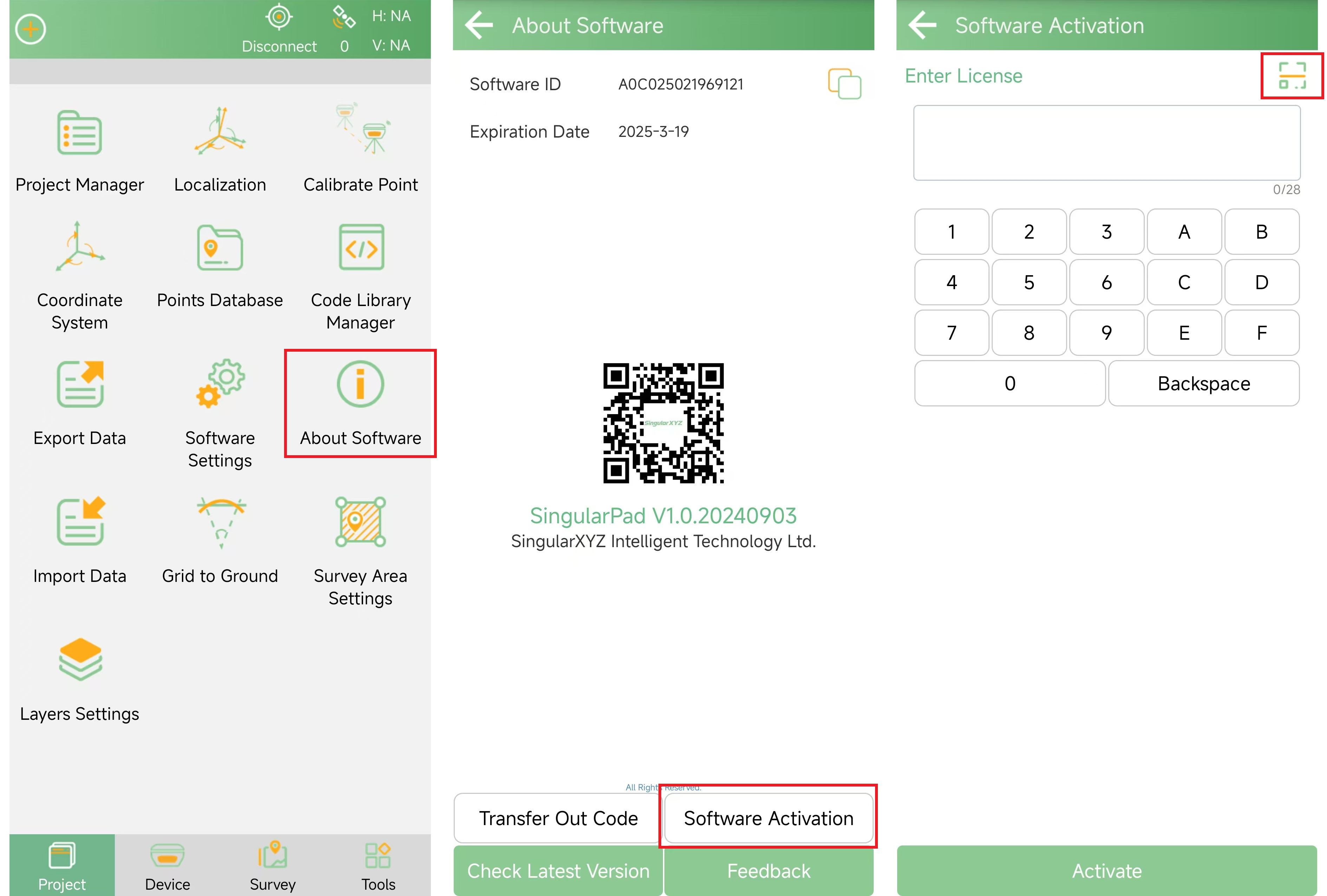 Licenckód megadása vagy beolvasása a SingularPad Software Activation felületén