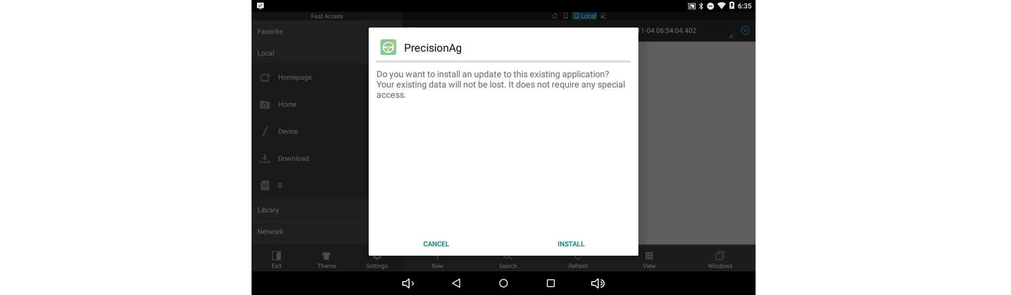 Android telepítési jóváhagyó ablak a PrecisionAg-hez